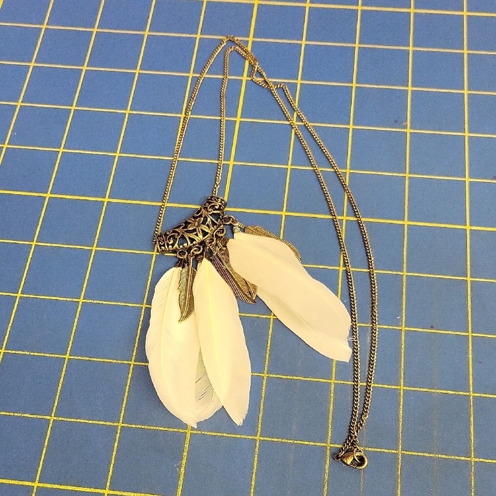 White Feather & Feather Charm Antique Gold 28" Necklace
